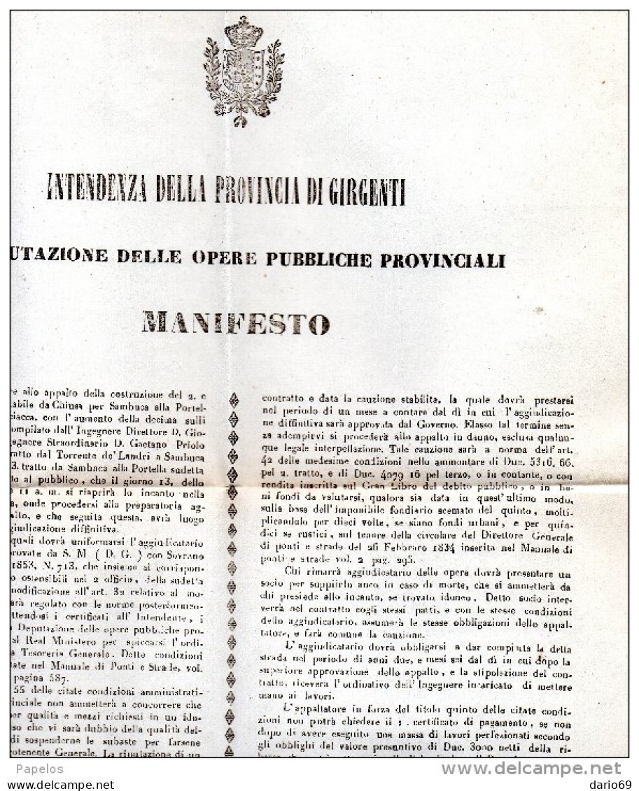 1853 GIRGENTI APPALTO PER LA COSTRUZIONE DEL 2.E 3. TRATTO DELLA STRADA ROTABILE DA CHIUSA PER SAMBUCA - Affiches