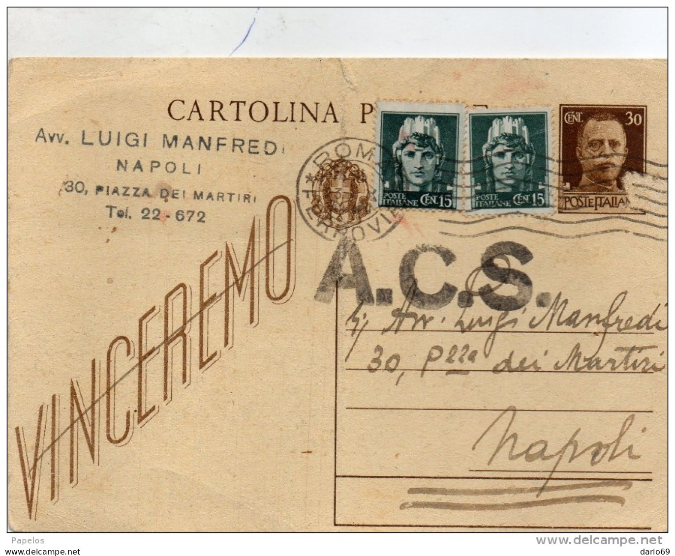 1944 CARTOLINA CON ANNULLO ROMA + A.C.S. - Ganzsachen