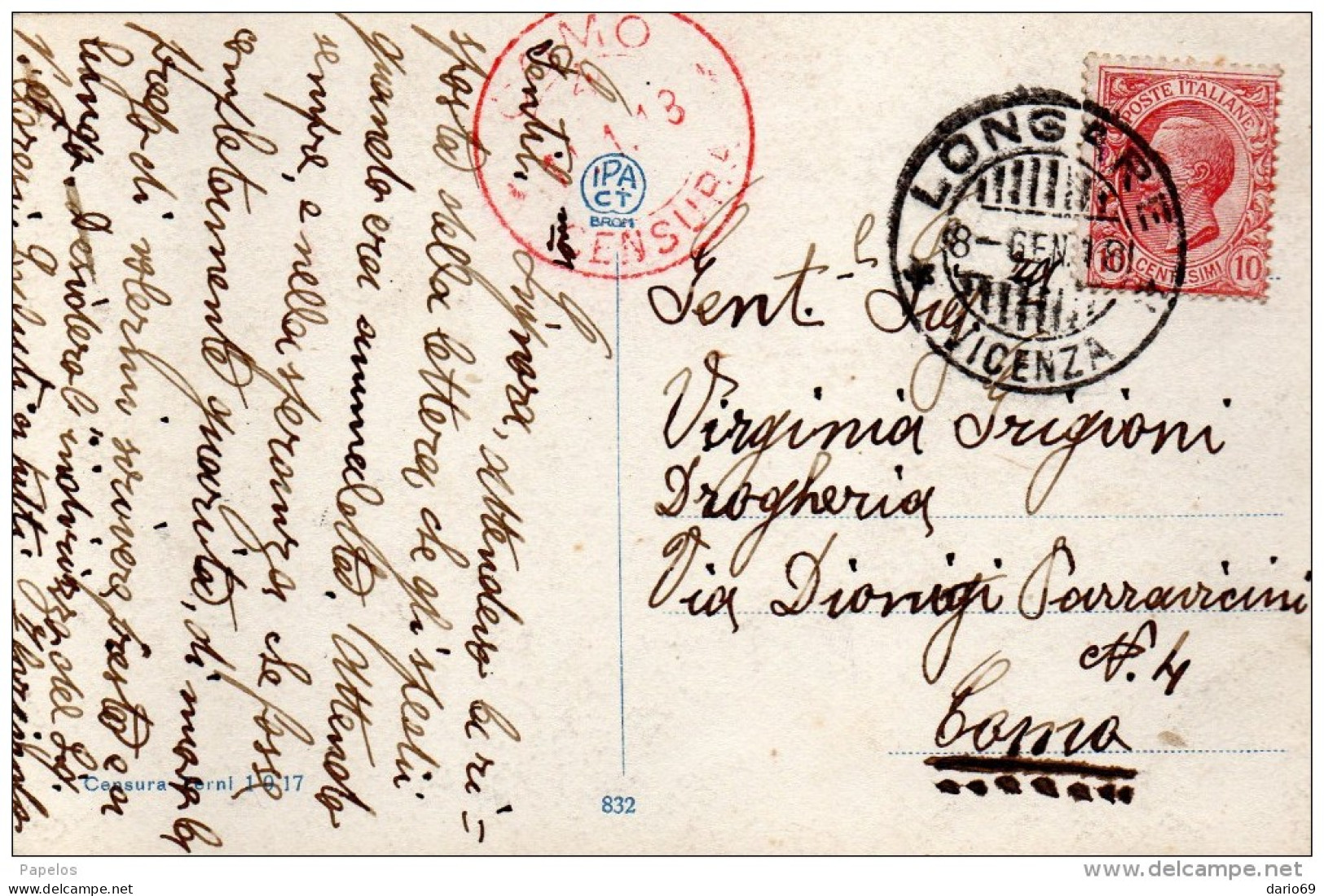 1913 CARTOLINA CON ANNULLO LONGARE VICENZA +  COMO CENSURA - Marcophilie