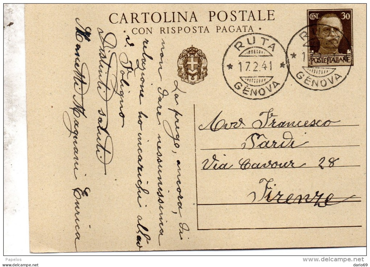 1941 CARTOLINA CON ANNULLO RUTA GENOVA - Ganzsachen