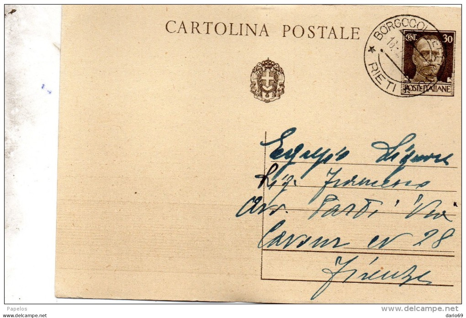 CARTOLINA CON ANNULLO Borgocollefegato RIETI - Entero Postal