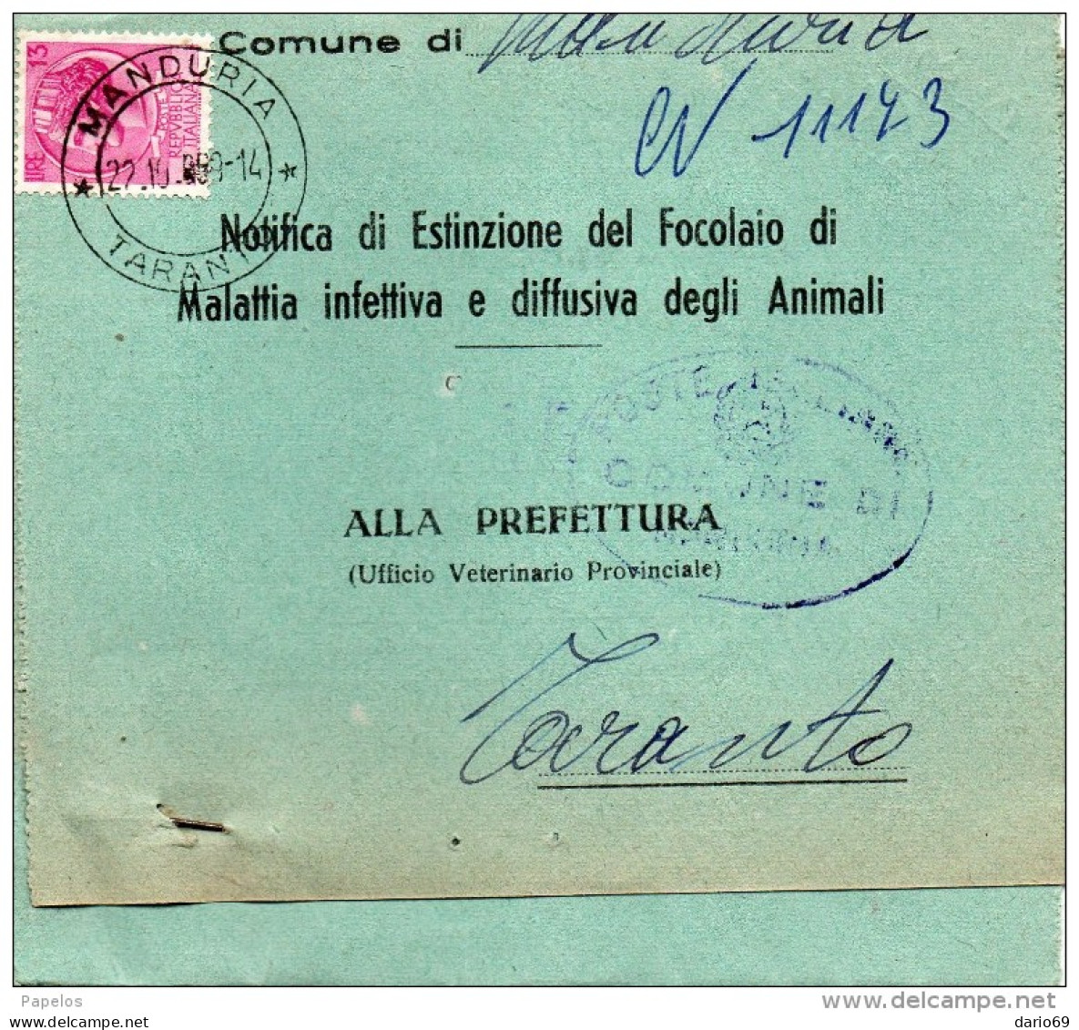 1968 CARTOLINA  CON ANNULLO MANDURIA TARANTO - 1961-70: Marcofilia