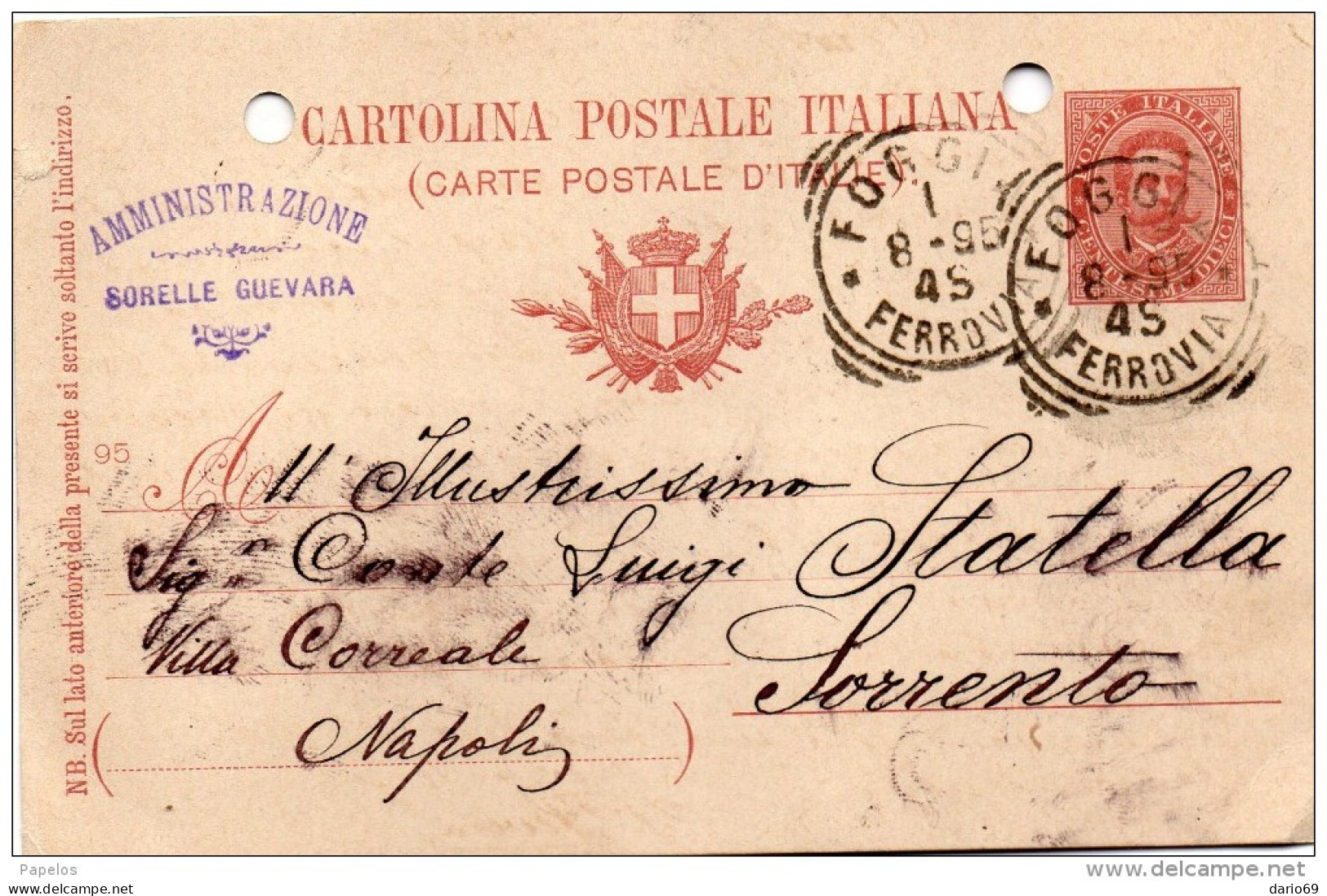 1895 CARTOLINA  CON ANNULLO FOGGIA   SORRENTO - Entero Postal