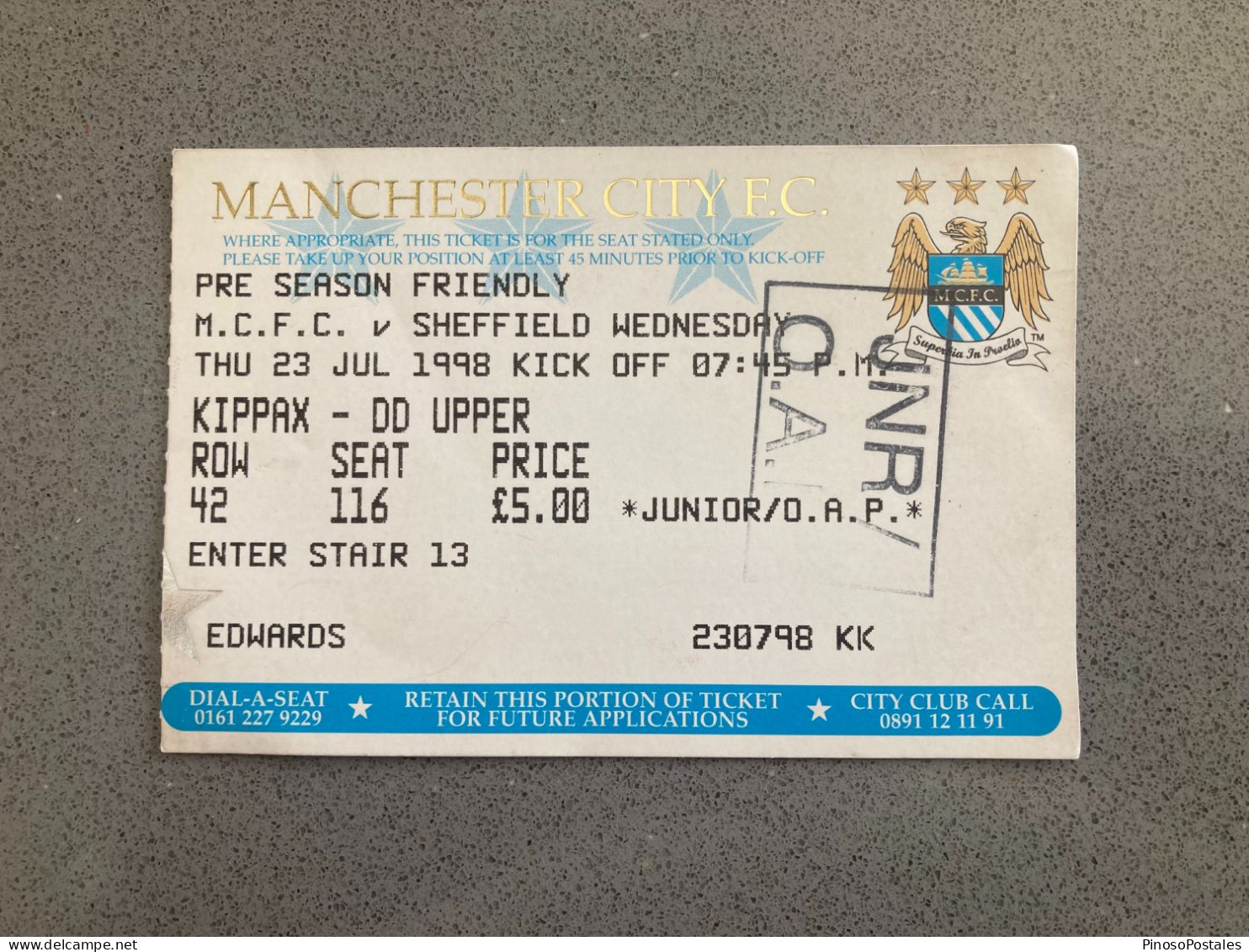 Manchester City V Sheffield Wednesday 1998-99 Match Ticket - Tickets D'entrée