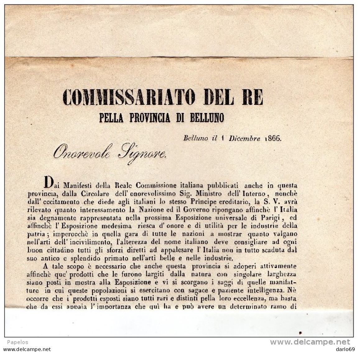 1866 BELLUNO - ESPOSIZIONE UNIVERSALE DI PARIGI - Historische Documenten