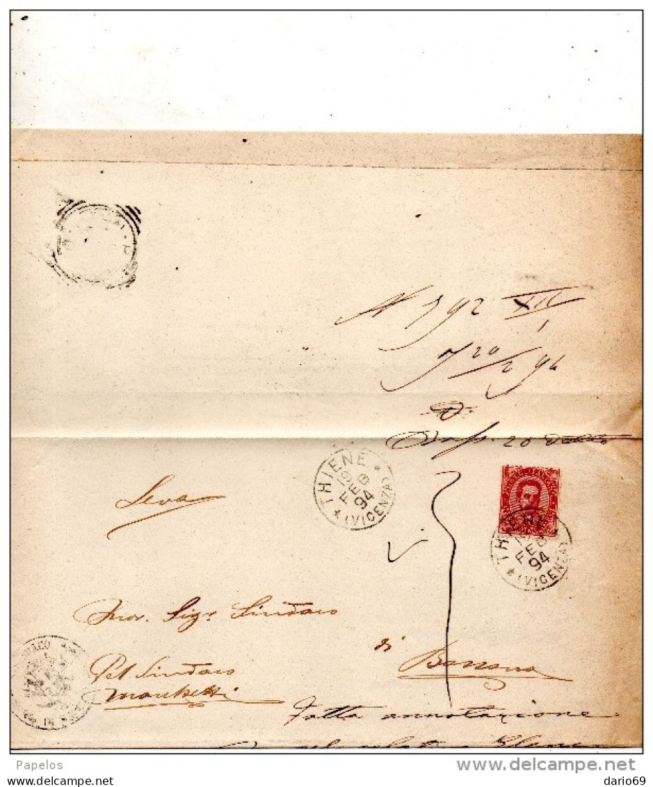 1894 LETTERA CON ANNULLO THIENE VICENZA - Storia Postale