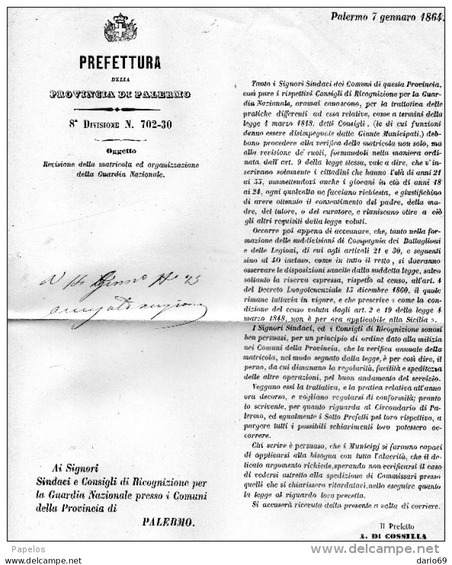 1864 PALERMO - GUARDIA NAZIONALE - Documentos Históricos
