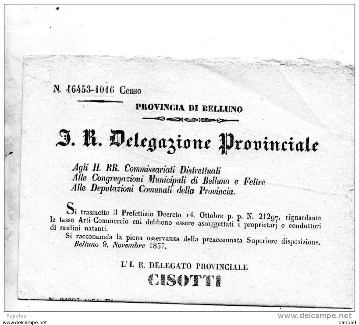 1857  BELLUNO TASSE ARTI E COMMERCIO - Decreti & Leggi