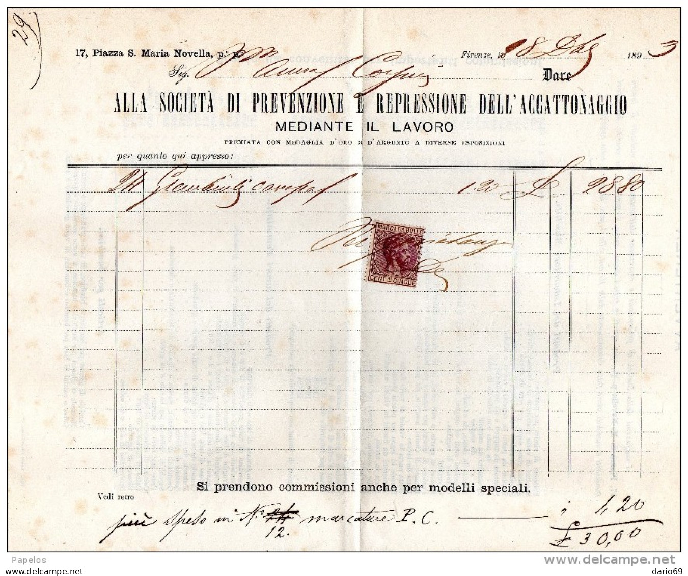 1893 FIRENZE -  PREVENZIONE E REPRESSIONE DELL'ACCATTONAGGIO - Documents Historiques