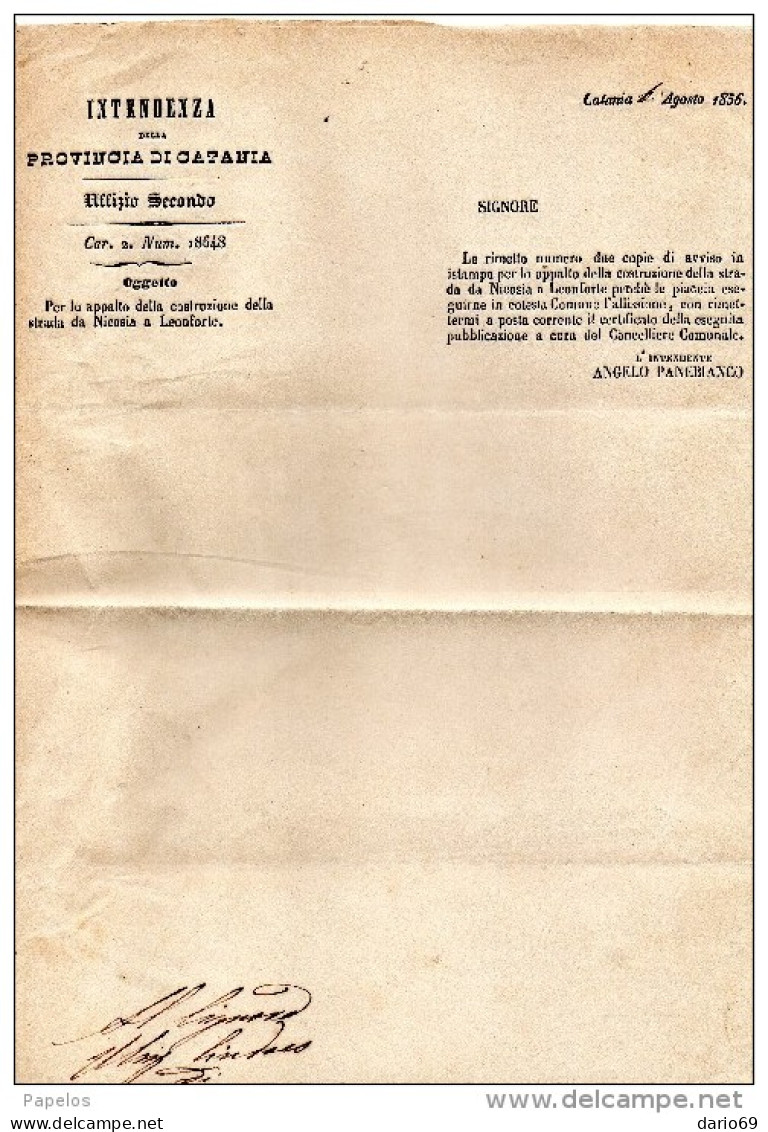 1856 CATANIA - APPALTO PER LA  COSTRUZIONE DELLA STRADA  DA NICOSIA A LEONFORTE - Historische Dokumente