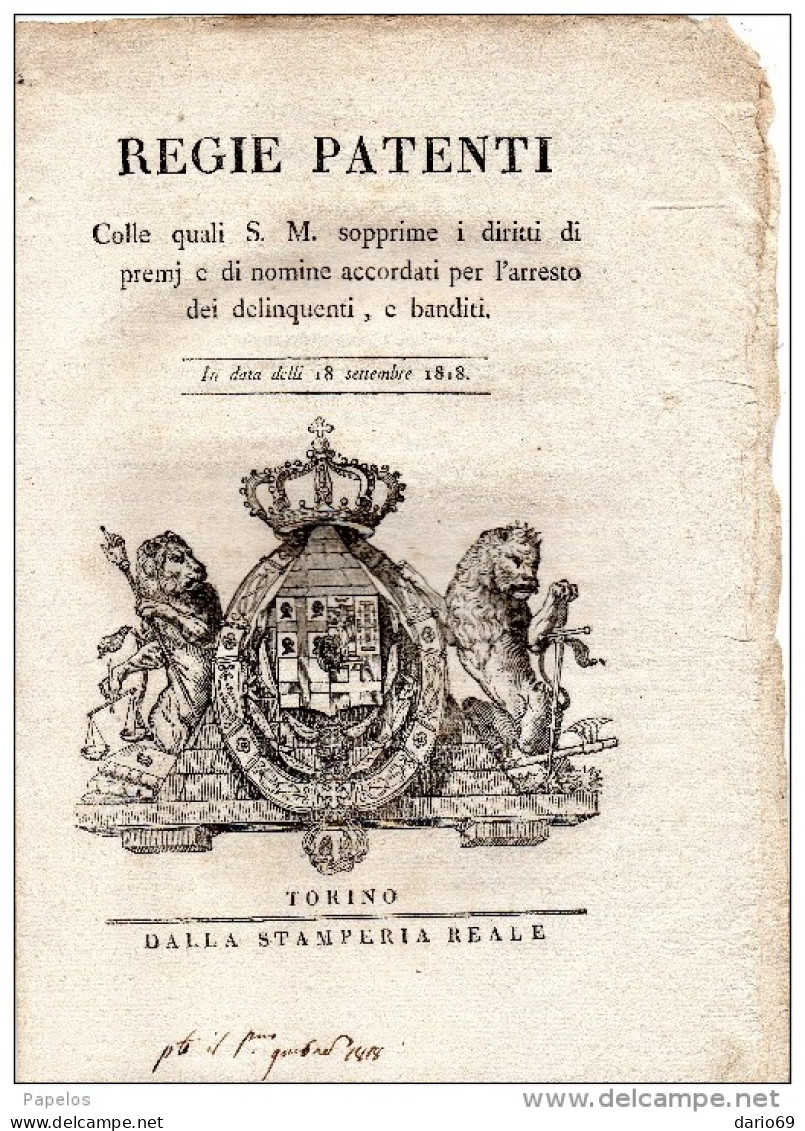 1818 REGIE PATENTI COLLE QUALI S.M. SOPPRIME I DIRITTI DI PREMI E DI NOMINE ACCORDATI PER L'ARRESTO DEI BANDITI - COMPLE - Historische Dokumente