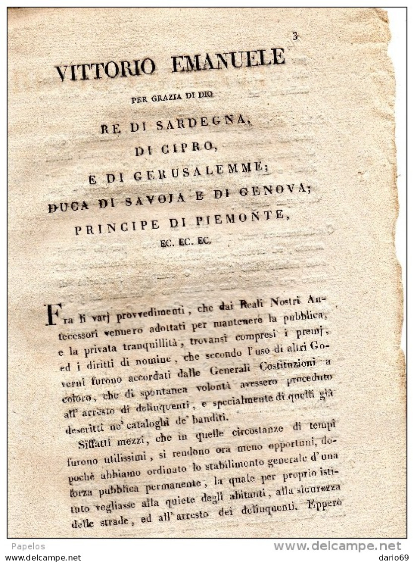 1818 REGIE PATENTI COLLE QUALI S.M. SOPPRIME I DIRITTI DI PREMI E DI NOMINE ACCORDATI PER L'ARRESTO DEI BANDITI - COMPLE - Historische Documenten