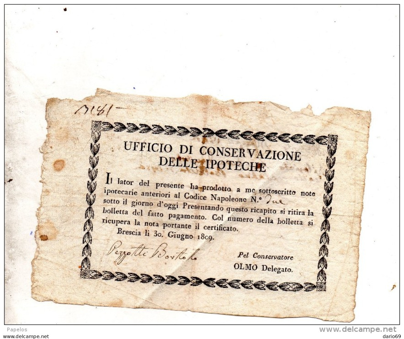 1809 UFFICIO DI CONSERVAZIONE DELLE IPOTECHE - Historische Dokumente