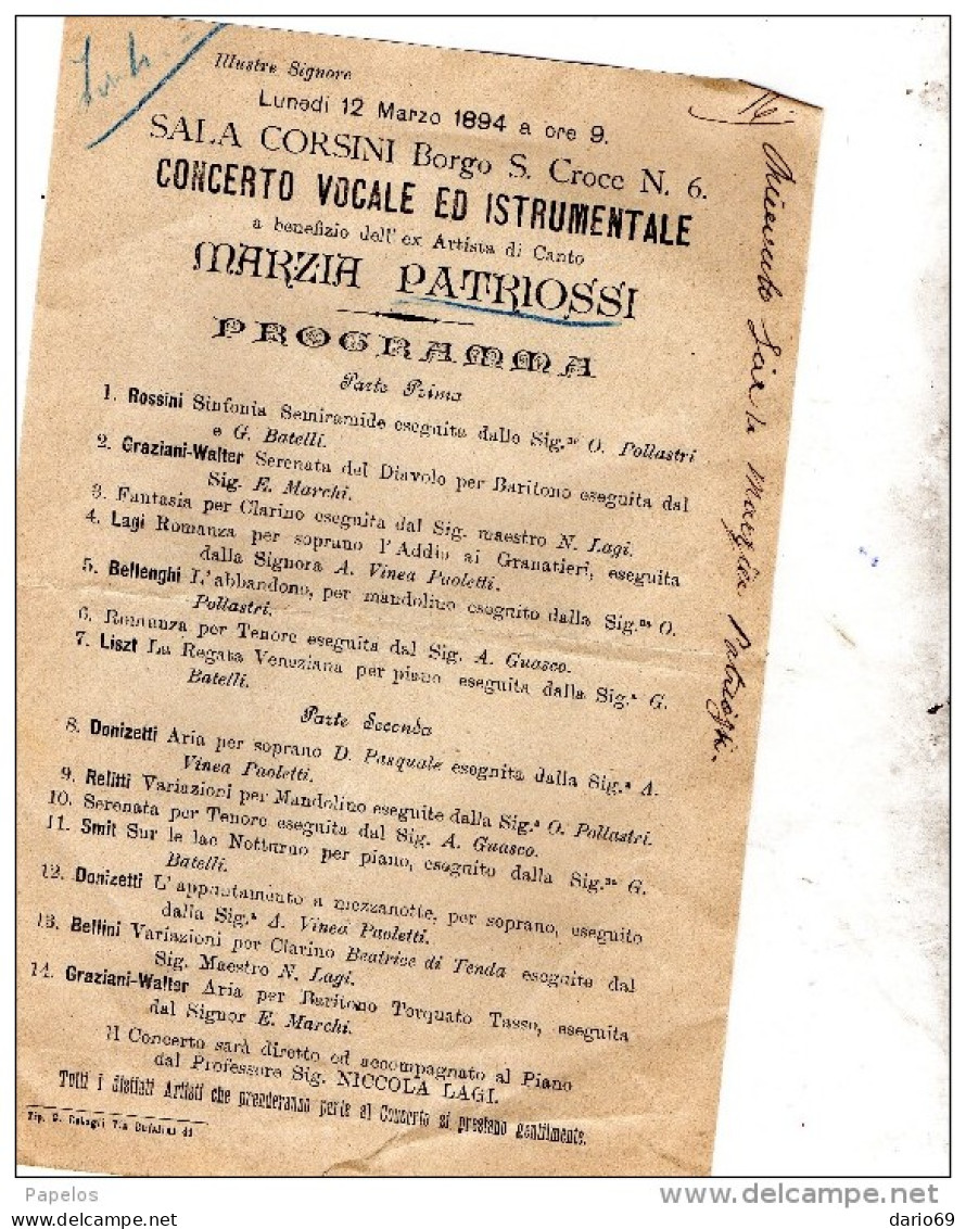 1894 SALA CORSINI FIRENZE - Programas