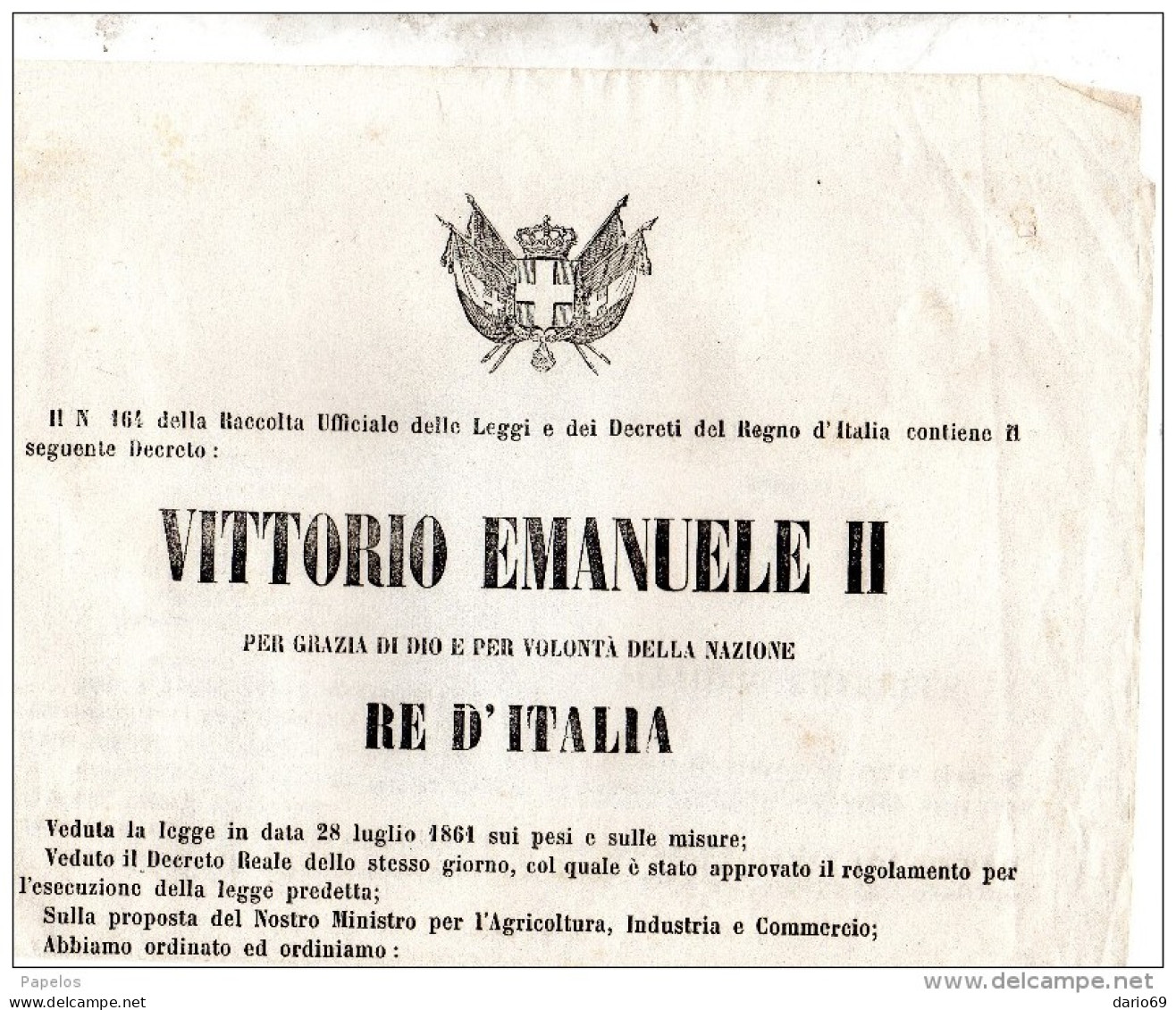 1861 DECRETO COL  QUALE LE GIUNTE METRICHE SONO ISTITUITE NELLE  CITTÀ  DI CAGLIARI  - MILANO - NAPOLI - Decretos & Leyes