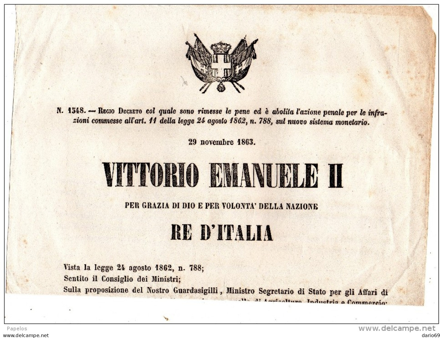 1863 DECRETO COL  QUALE SONO RIMESSE LE PENE ED E' ABOLITO LA PENA PER IL NUOVO SISTEMA MONETARIO - Decrees & Laws