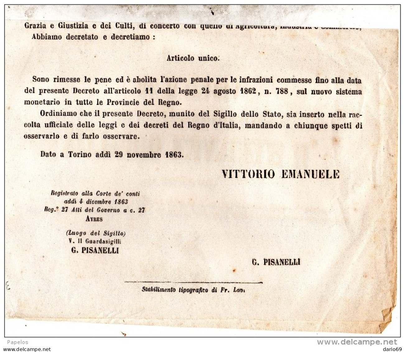 1863 DECRETO COL  QUALE SONO RIMESSE LE PENE ED E' ABOLITO LA PENA PER IL NUOVO SISTEMA MONETARIO - Décrets & Lois