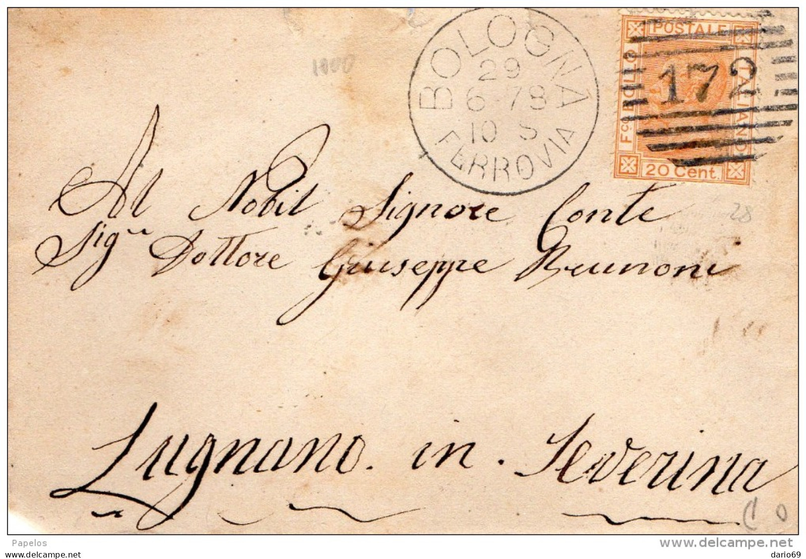 1878  LETTERA CON ANNULLO BOLOGNA - Marcophilie