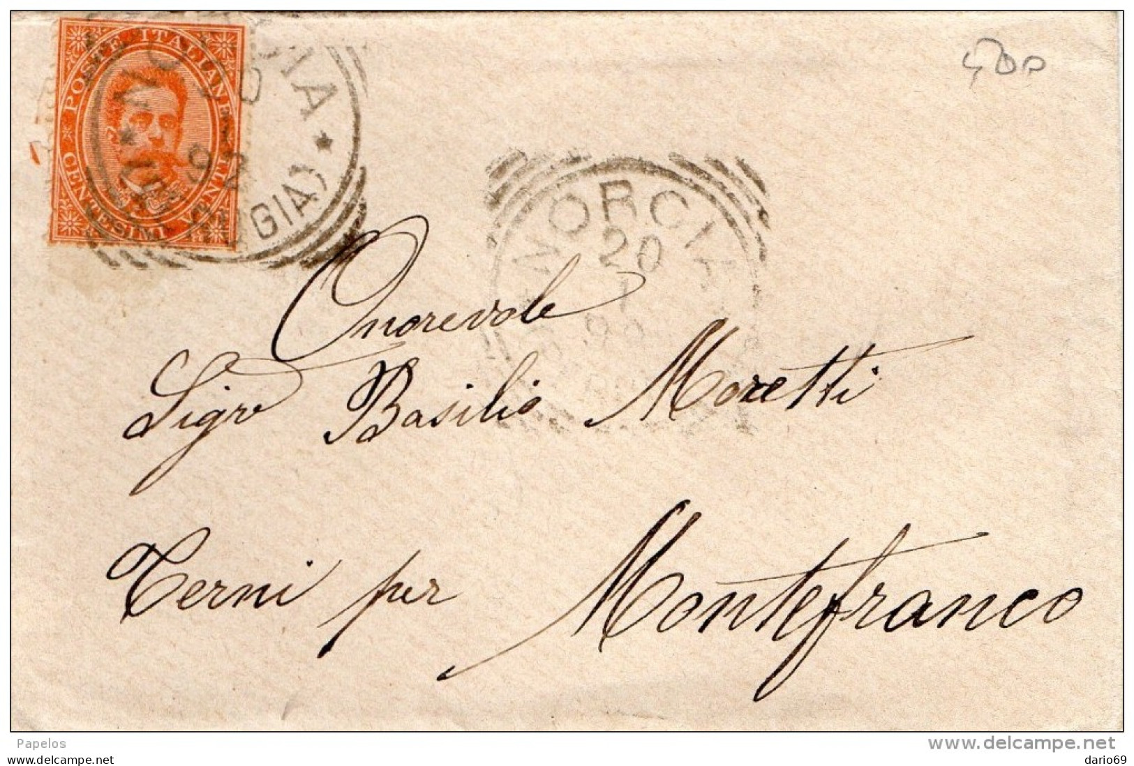 1892  LETTERA CON ANNULLO NORCIA PERUGIA - Poststempel
