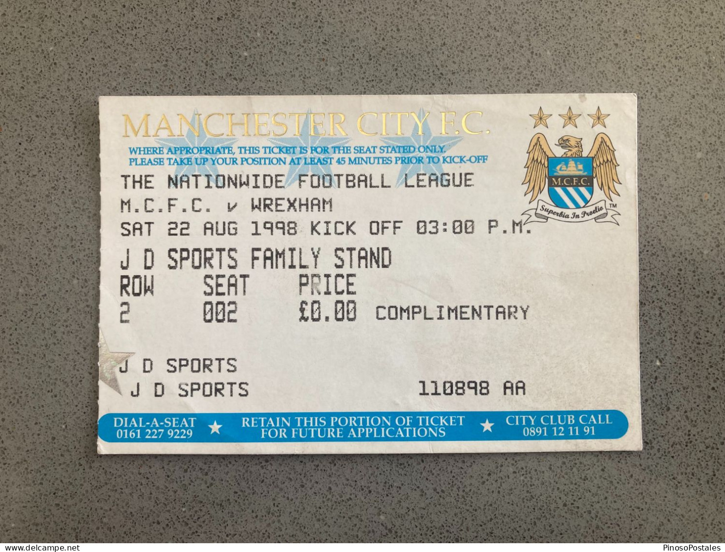 Manchester City V Wrexham 1998-99 Match Ticket - Tickets & Toegangskaarten