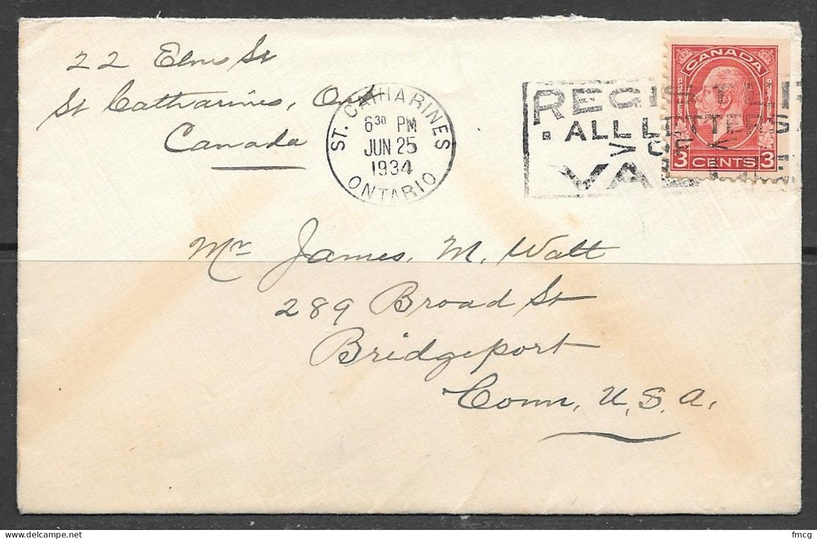 1934 4c King George V, St. Catherines Ont. (Jun 25 34) - Cartas & Documentos