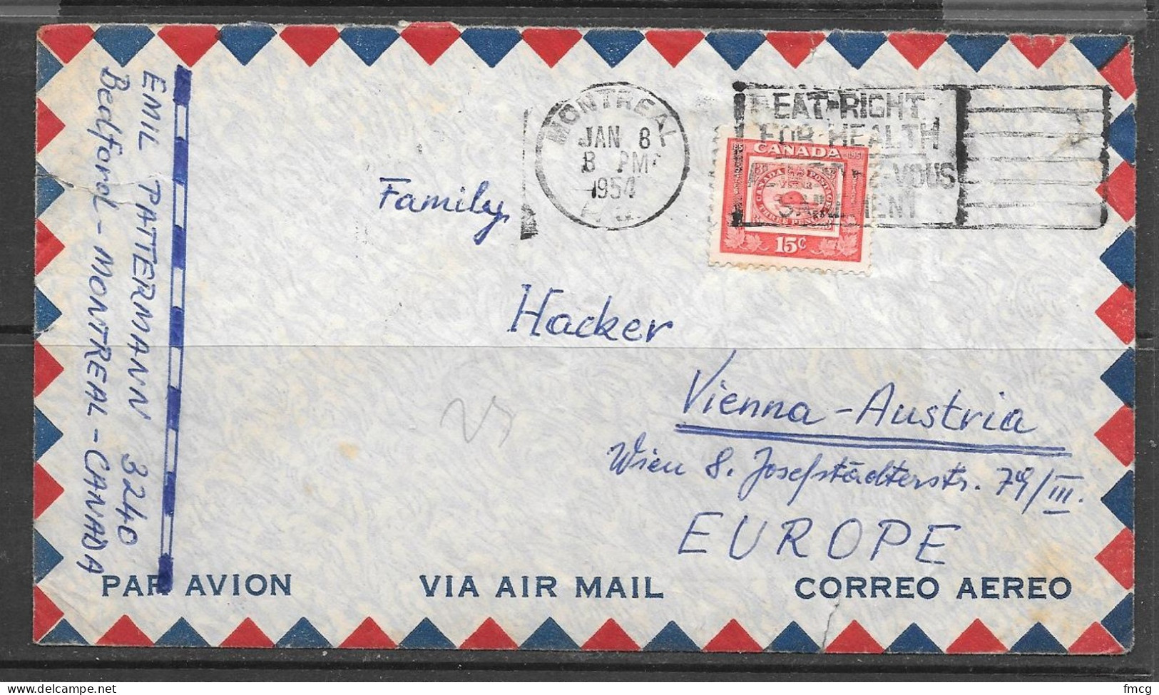 1954 - 15 Cents Beaver, Montreal (Jan 8 1954) To Austria - Storia Postale