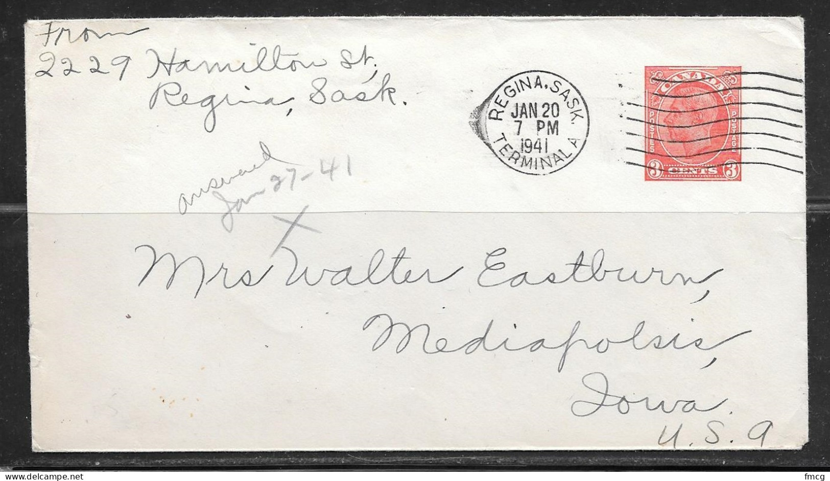 1941 George V Envelope Used 1941, Regina To USA - Brieven En Documenten