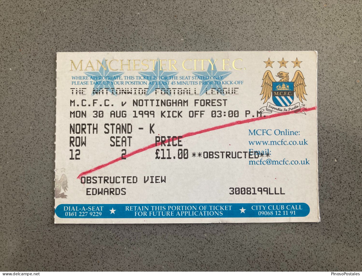 Manchester City V Nottingham Forest 1999-00 Match Ticket - Tickets D'entrée