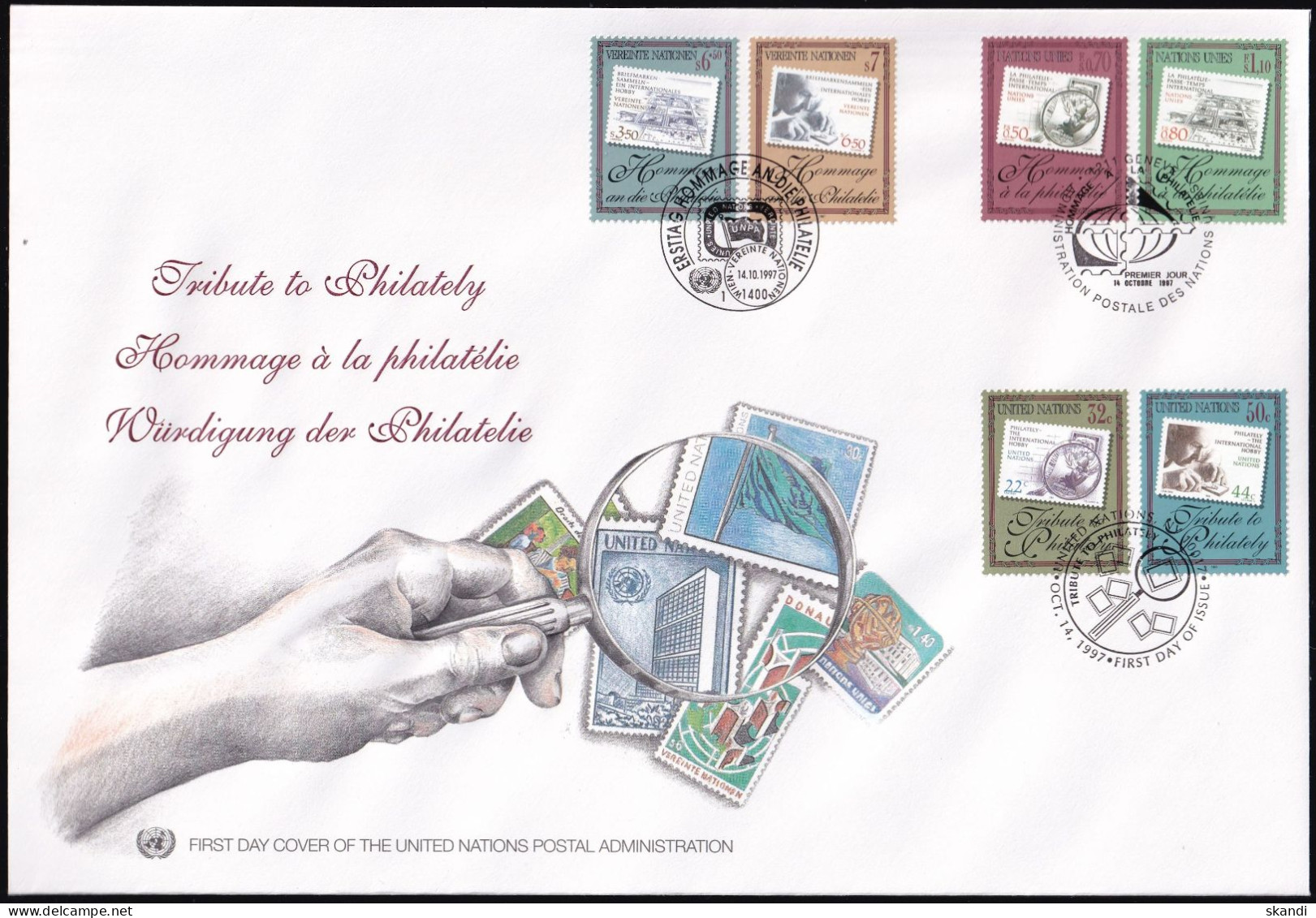 UNO NEW YORK - WIEN - GENF 1997 TRIO-FDC Würdigung Der Philatelie - Gemeinschaftsausgaben New York/Genf/Wien