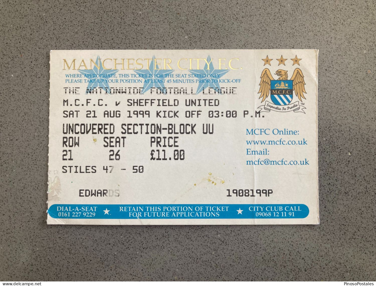 Manchester City V Sheffield United 1999-00 Match Ticket - Eintrittskarten