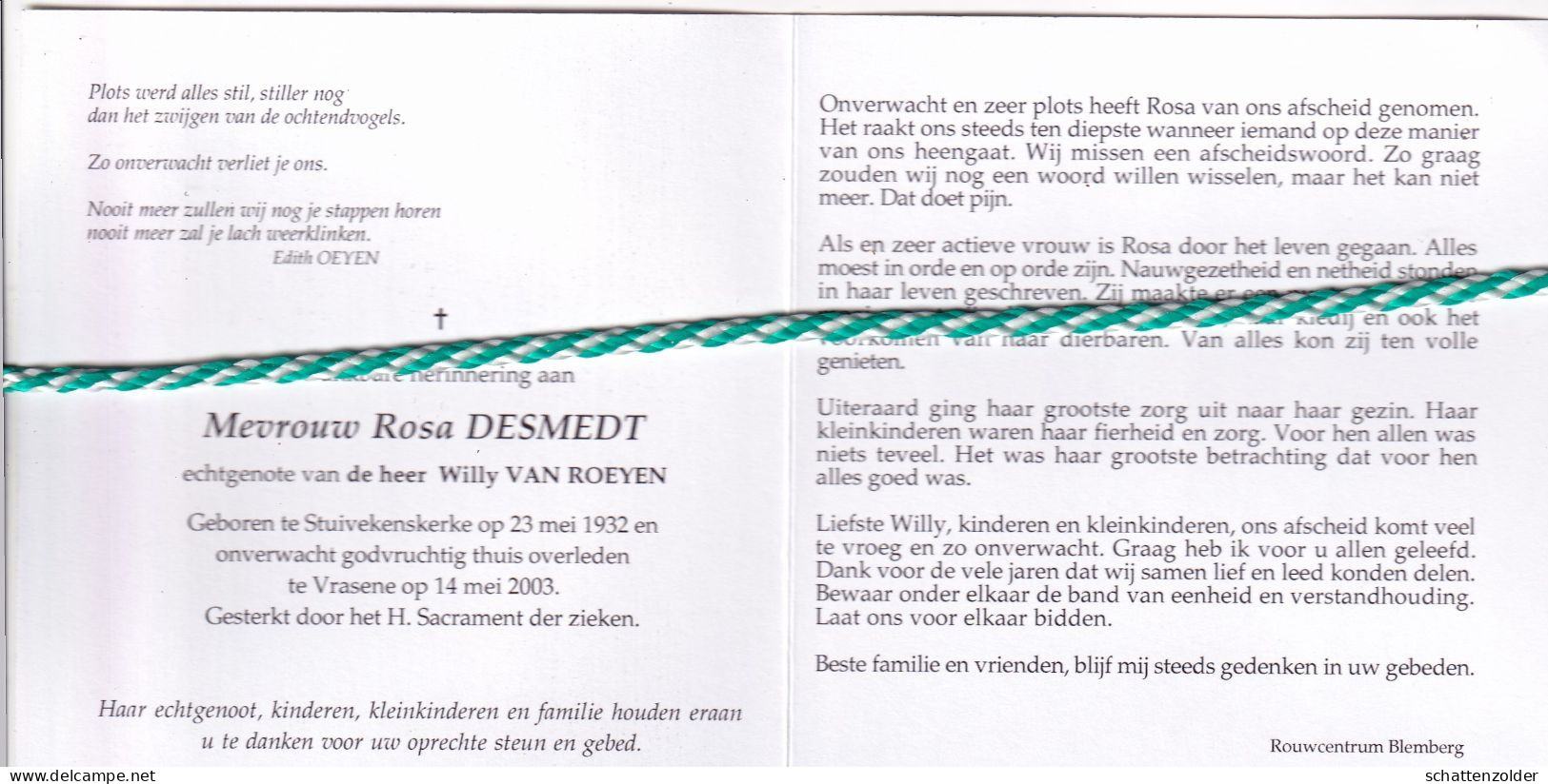 Rosa Desmedt-Van Roeyen, Stuivekenskerke 1932, Vrasene 2003. Foto - Décès