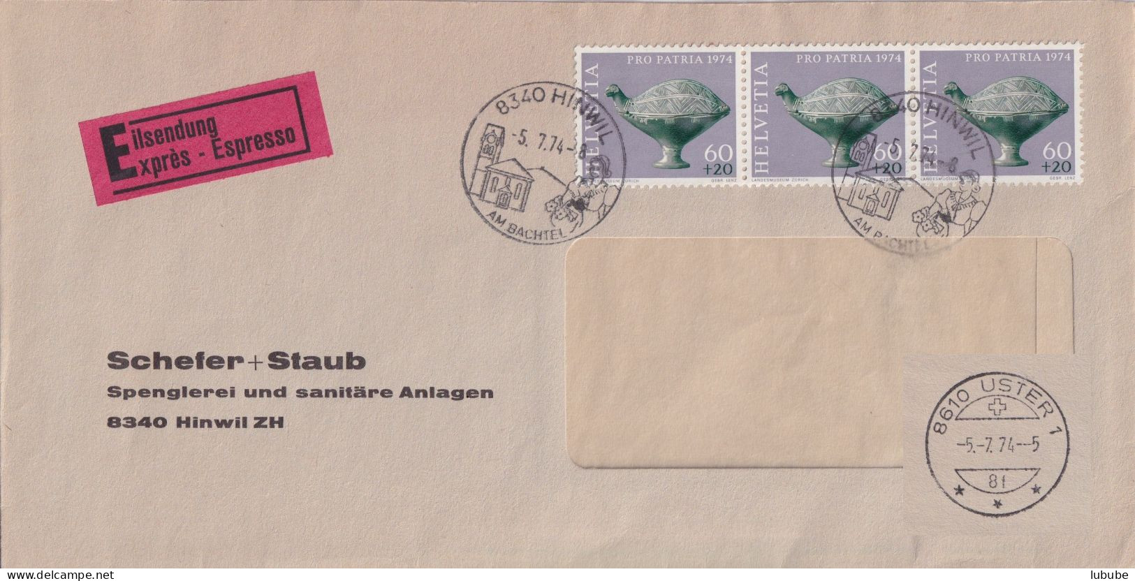 Express Brief  "Schefer + Staub, Spenglerei/sanitäre Anlagen, Hinwil"        1974 - Lettres & Documents