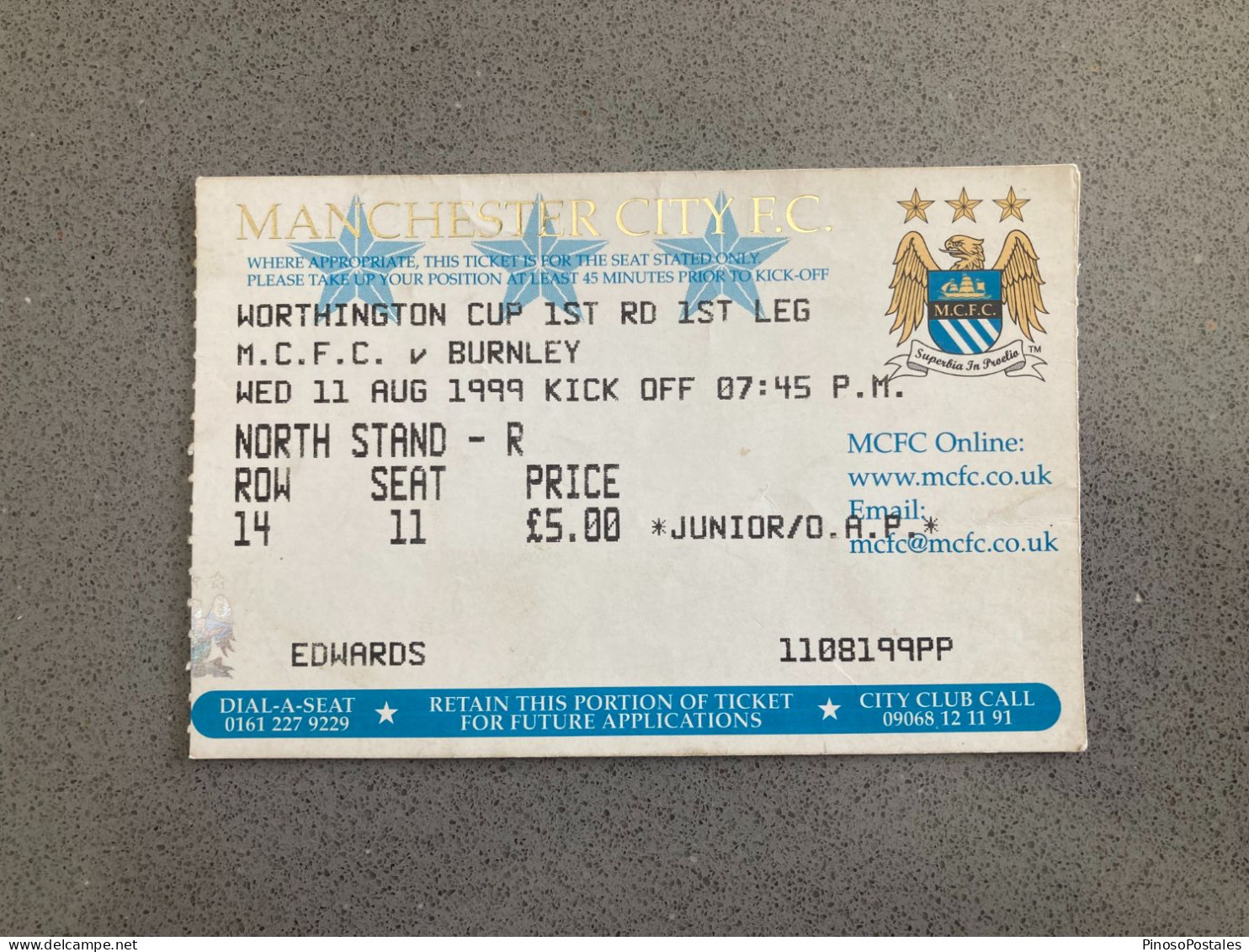 Manchester City V Burnley 1999-00 Match Ticket - Eintrittskarten