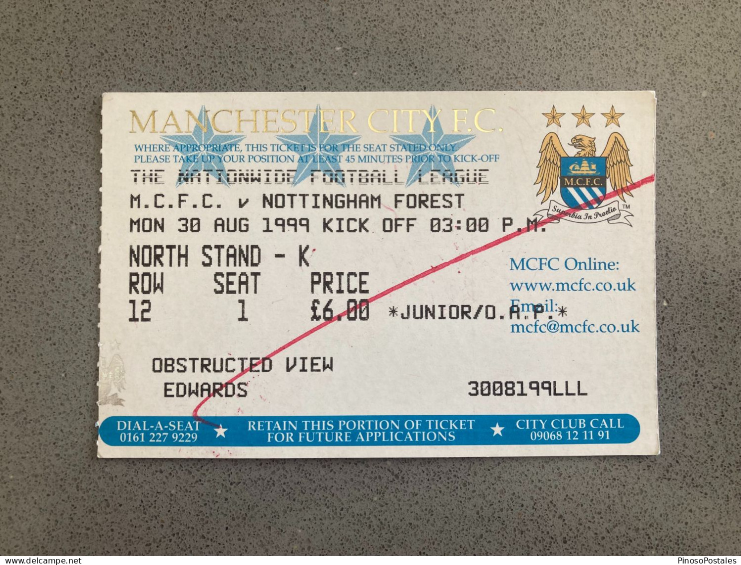 Manchester City V Nottingham Forest 1999-00 Match Ticket - Tickets & Toegangskaarten
