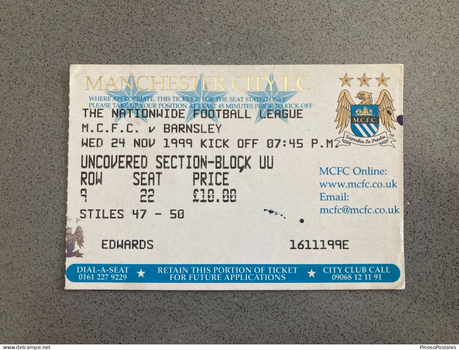 Manchester City V Barnsley 1999-00 Match Ticket - Tickets & Toegangskaarten