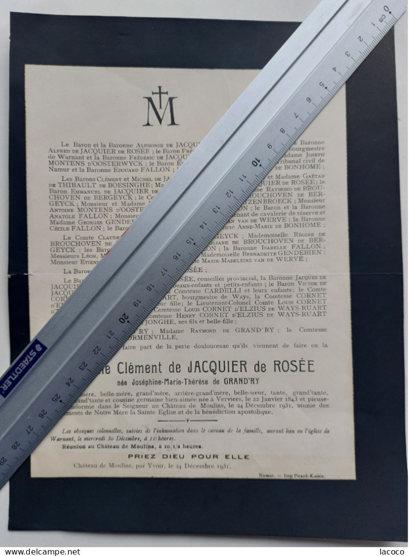 A VOIR! LOT Faire Part Décès Baronne De Rosée Château Moulins Par Yvoir Eglise WARNANT (Anhée) 1863 Et 1932, 1x Souvenir - Other & Unclassified