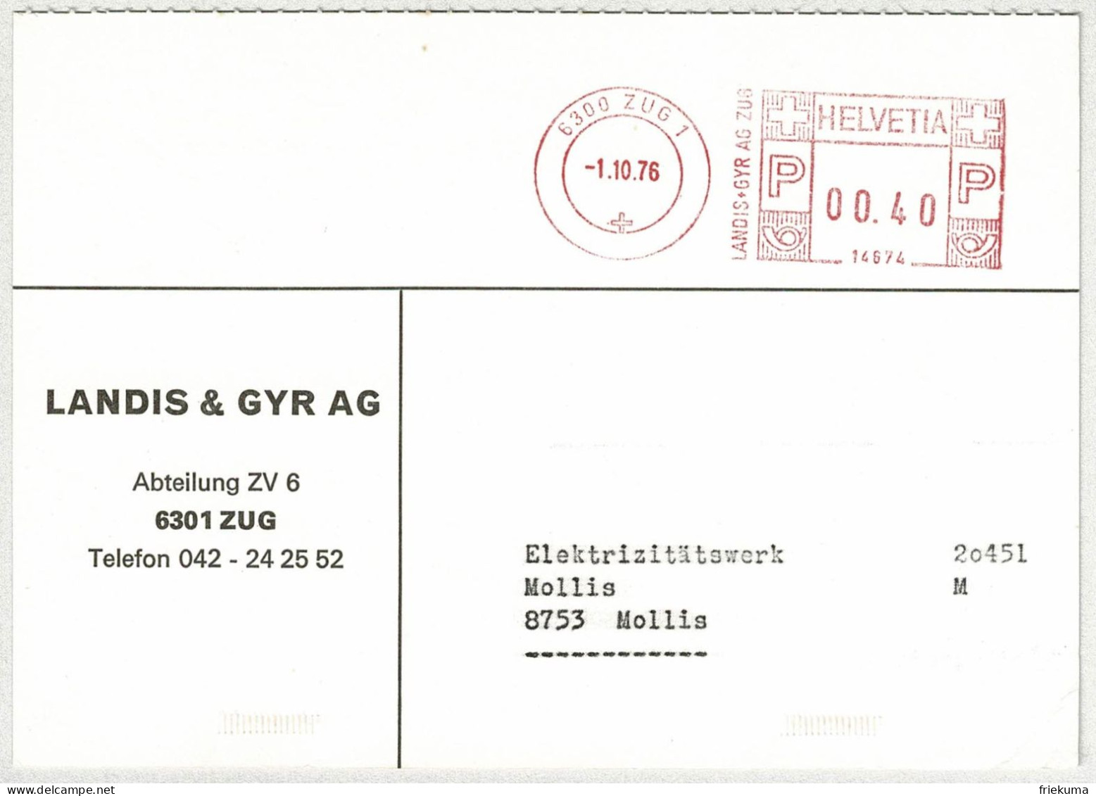 Schweiz 1976, Postkarte Freistempel / EMA / Meterstamp Landis & Gyr Zug - Mollis - Affranchissements Mécaniques