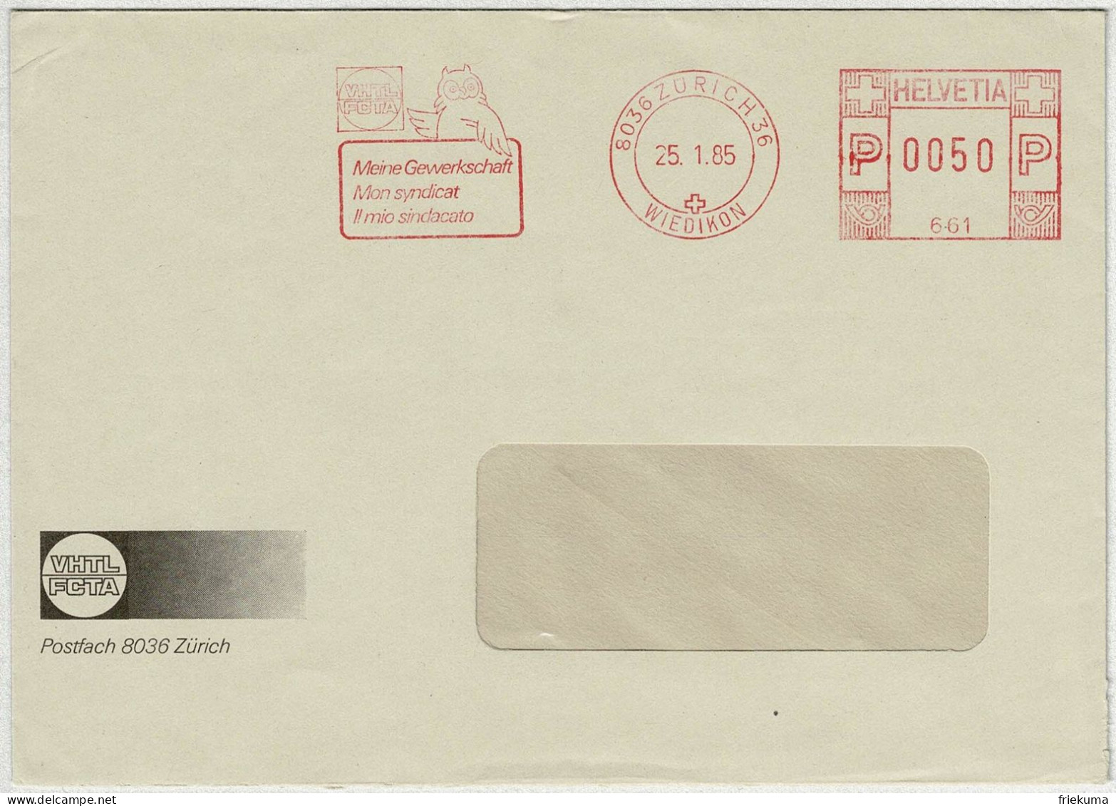 Schweiz 1985, Briefumschlag Freistempel / EMA / Meterstamp VHTL Zürich, Gewerkschaft, Eule - Owls