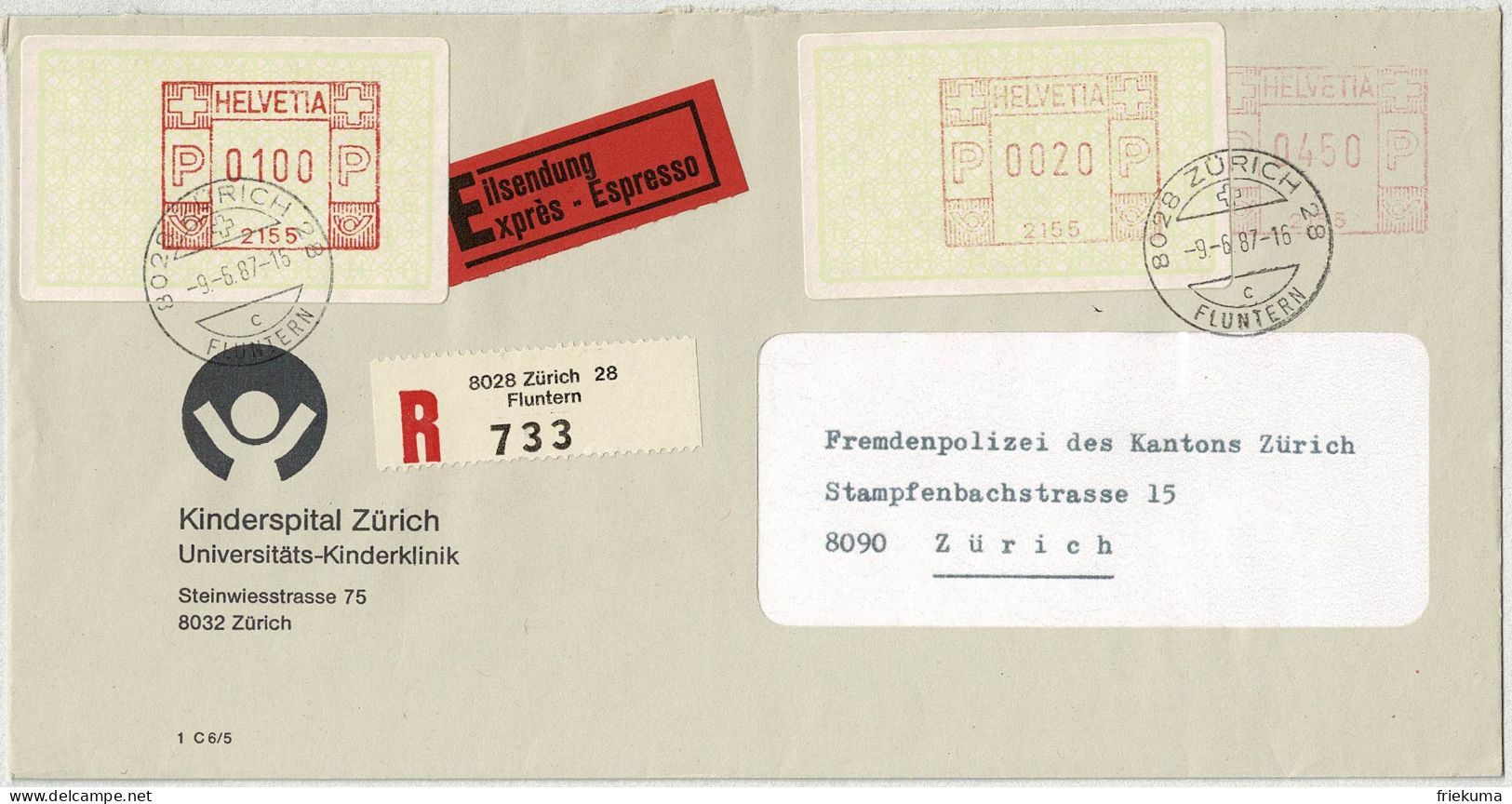 Schweiz 1987, Brief Eilsendung Einschreiben Kinderspital Zürich - Frankiermaschinen (FraMA)