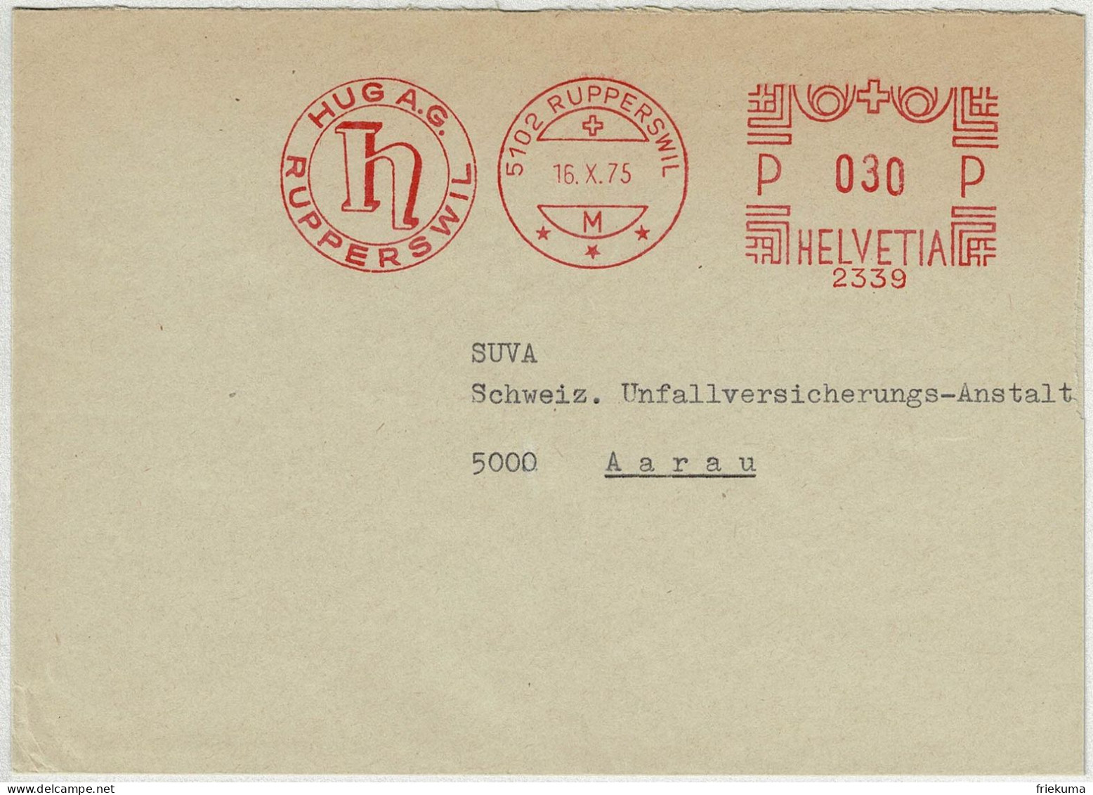 Schweiz 1975, Brief Freistempel / EMA / Meterstamp Hug Rupperswil - Aarau - Frankiermaschinen (FraMA)