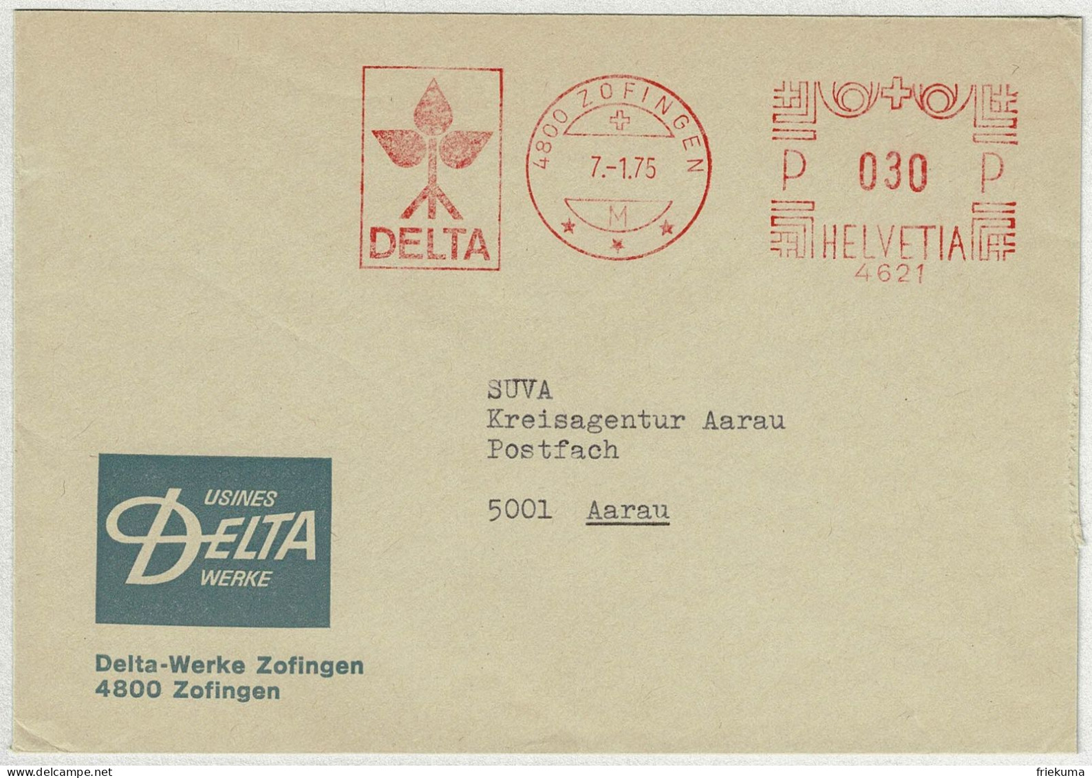 Schweiz 1975, Brief Freistempel / EMA / Meterstamp Delta-Werke Zofingen - Aarau - Frankiermaschinen (FraMA)