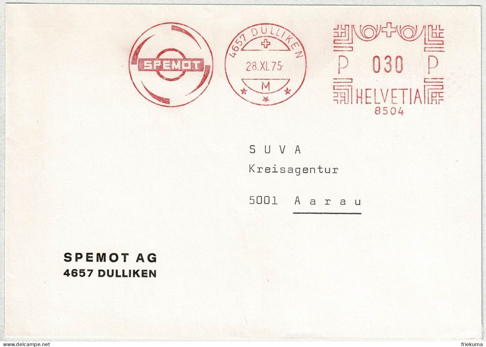 Schweiz 1975, Brief Freistempel / EMA / Meterstamp Spemot Dulliken - Aarau - Postage Meters