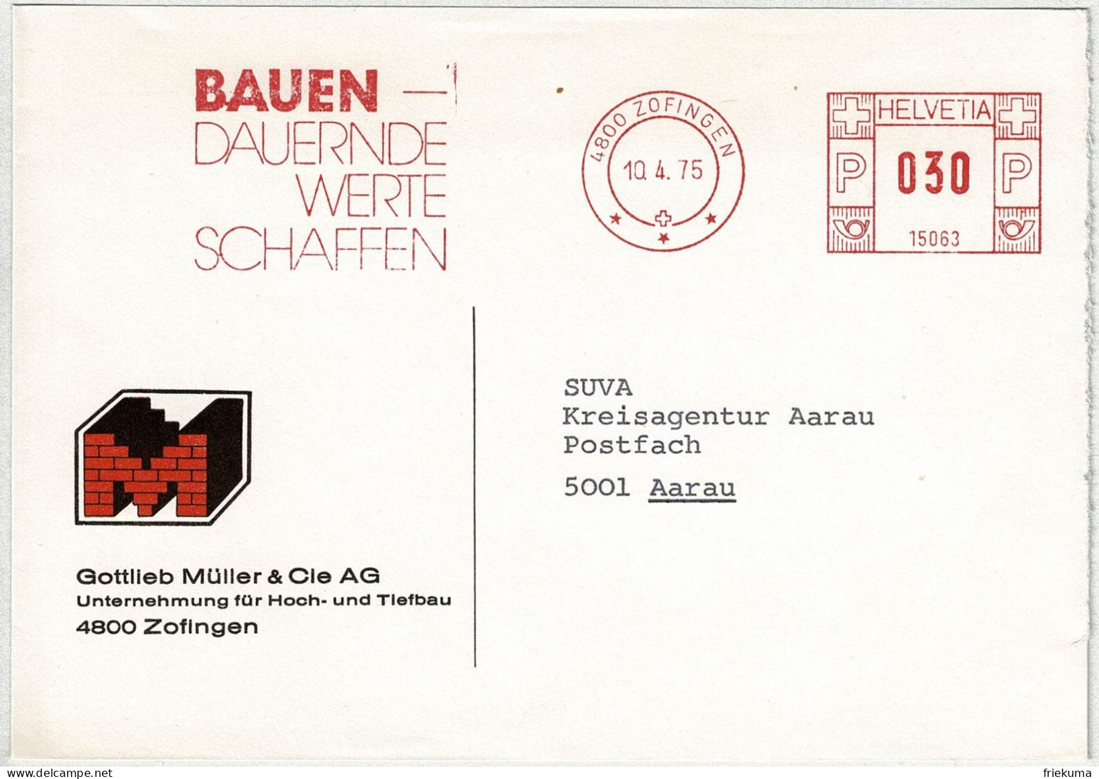 Schweiz 1975, Brief Freistempel / EMA / Meterstamp Müller Zofingen - Aarau, Hoch- Und Tiefbau, Bauen - Frankeermachinen