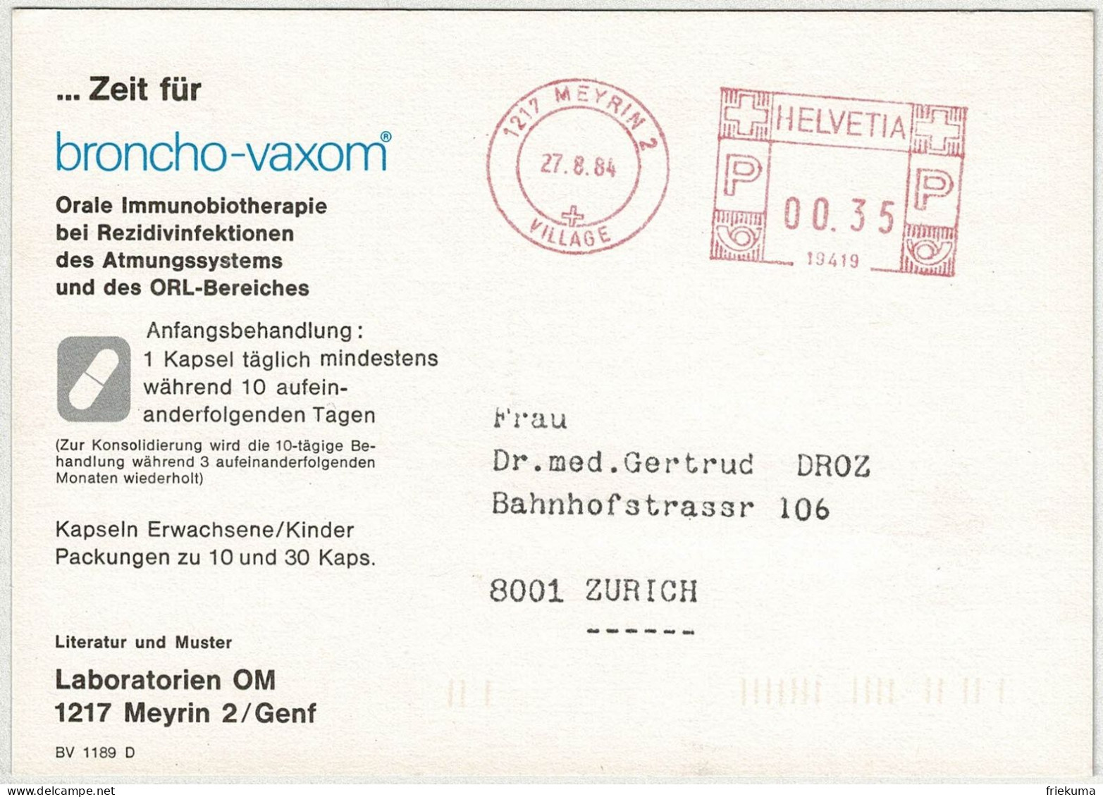 Schweiz 1984, Postkarte Freistempel / EMA / Meterstamp Meyrin - Zürich - Affranchissements Mécaniques