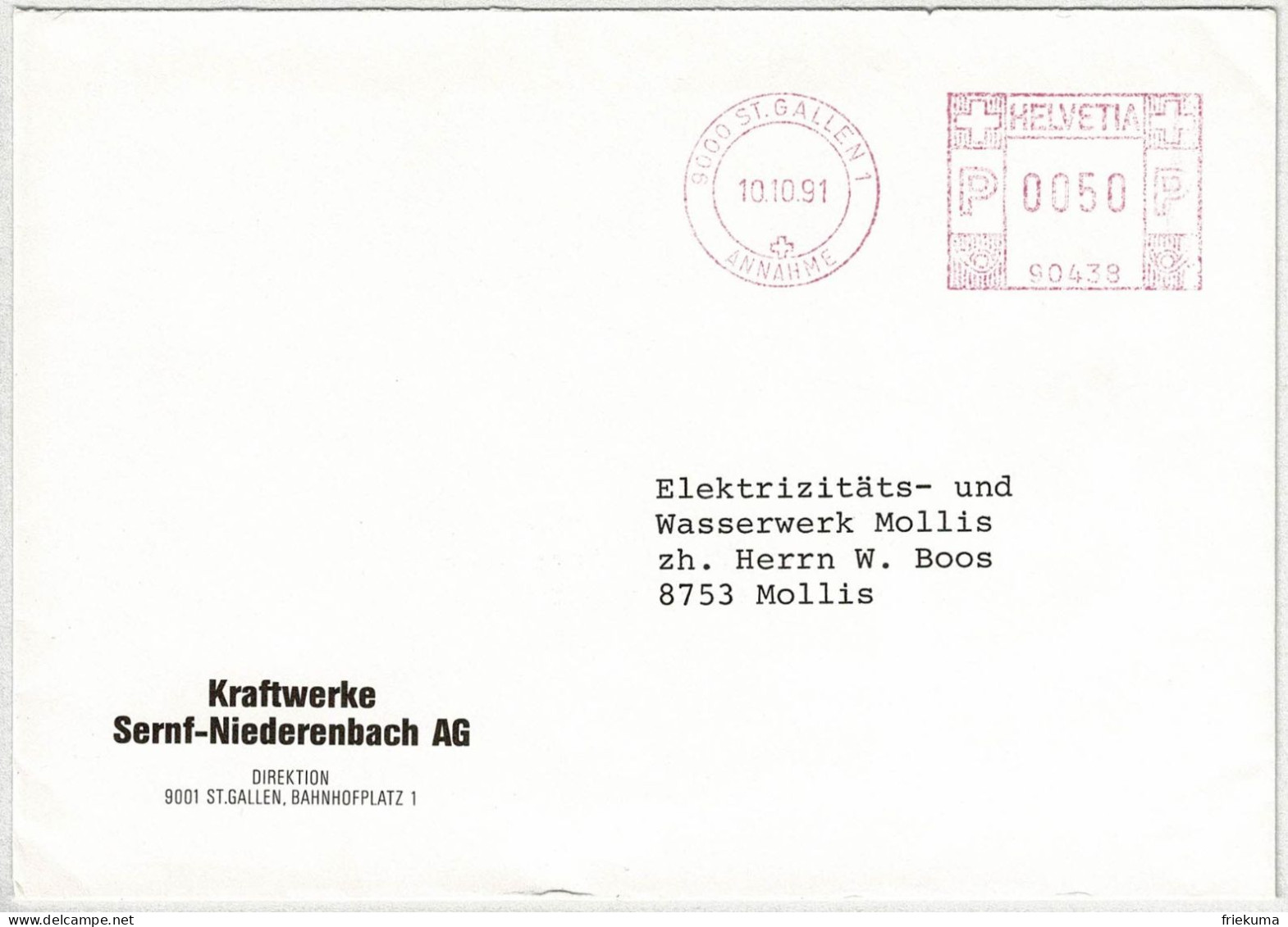 Schweiz 1991, Brief Freistempel / EMA / Meterstamp St. Gallen - Mollis, Kraftwerke - Máquinas De Franquear