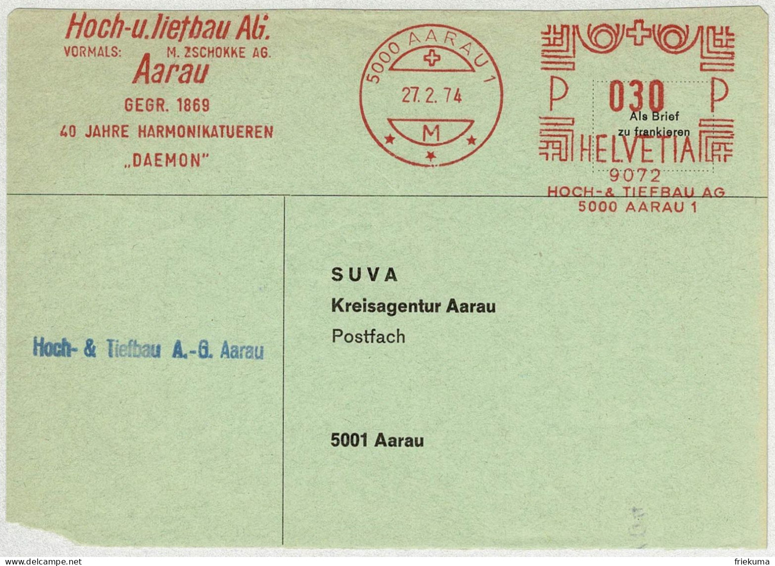 Schweiz 1974, Briefausschnitt Freistempel / EMA / Meterstamp Hoch- Und Tiefbau Aarau, Harmonikatüren - Frankiermaschinen (FraMA)