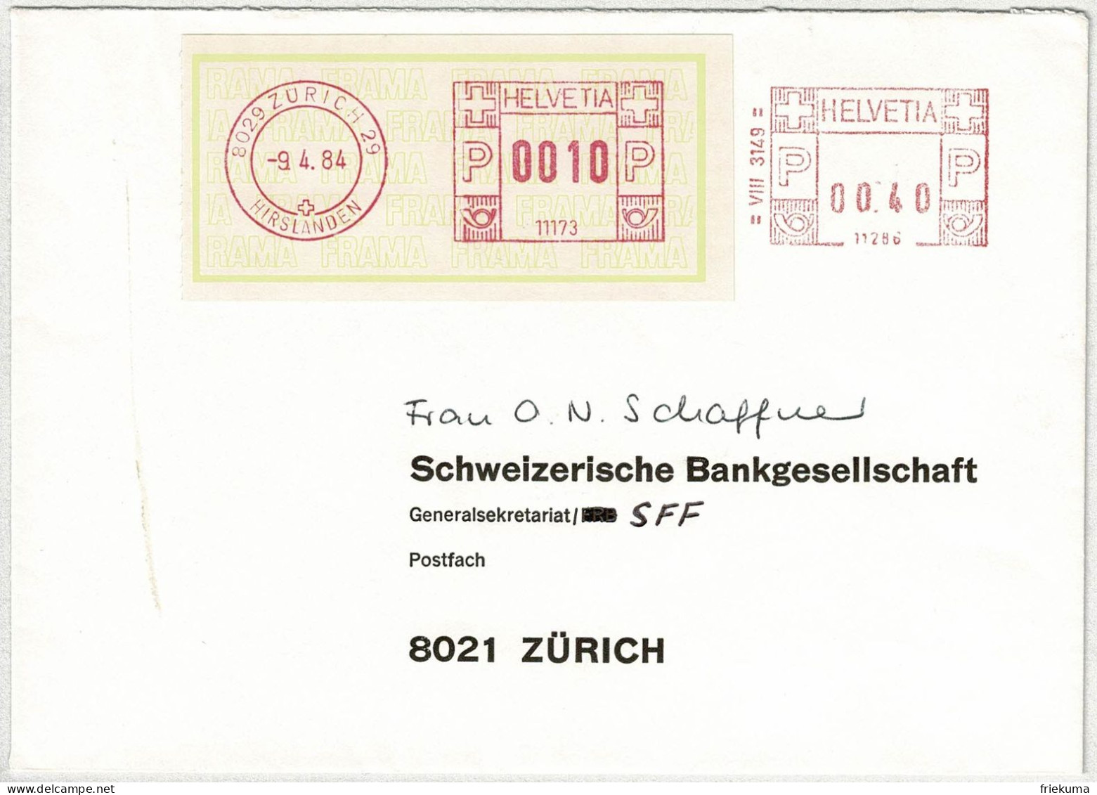 Schweiz 1984, Brief Freistempel / EMA / Meterstamp Zürich - Affrancature Meccaniche