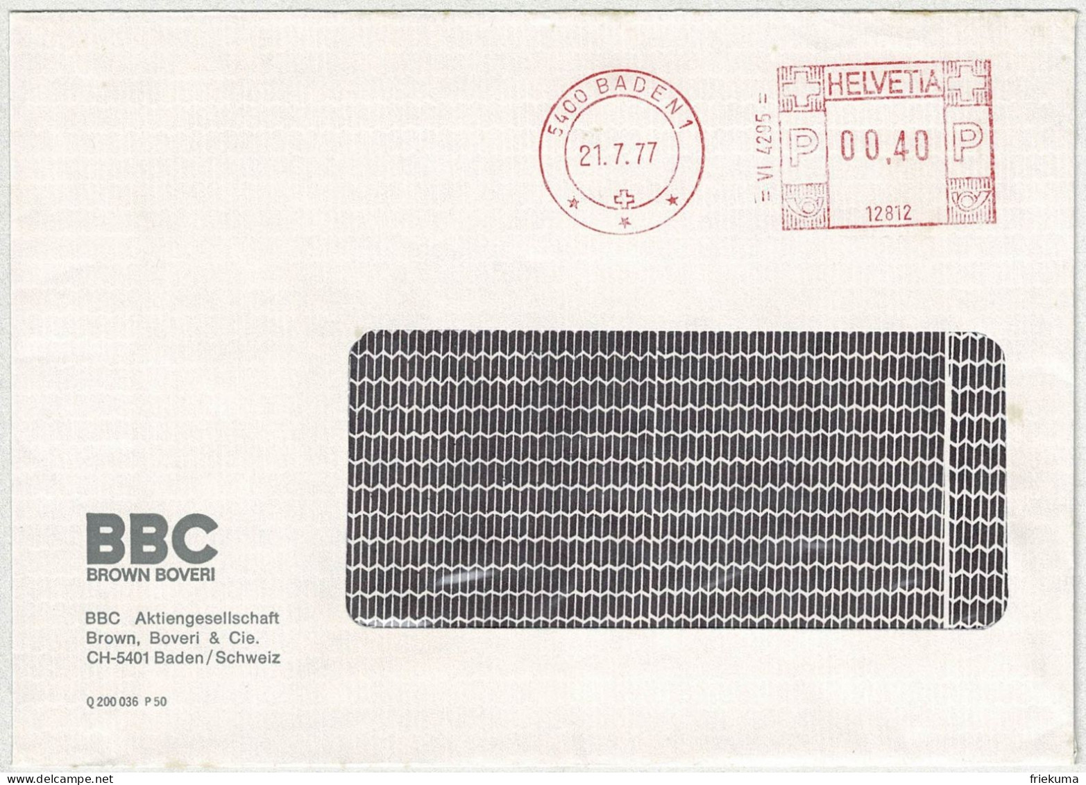 Schweiz 1977, Briefumschlag Freistempel / EMA / Meterstamp BBC Baden - Affranchissements Mécaniques