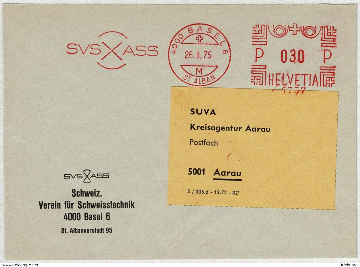 Schweiz 1975, Brief Freistempel / EMA / Meterstamp Verein Schweisstechnik Basel - Aarau - Affrancature Meccaniche