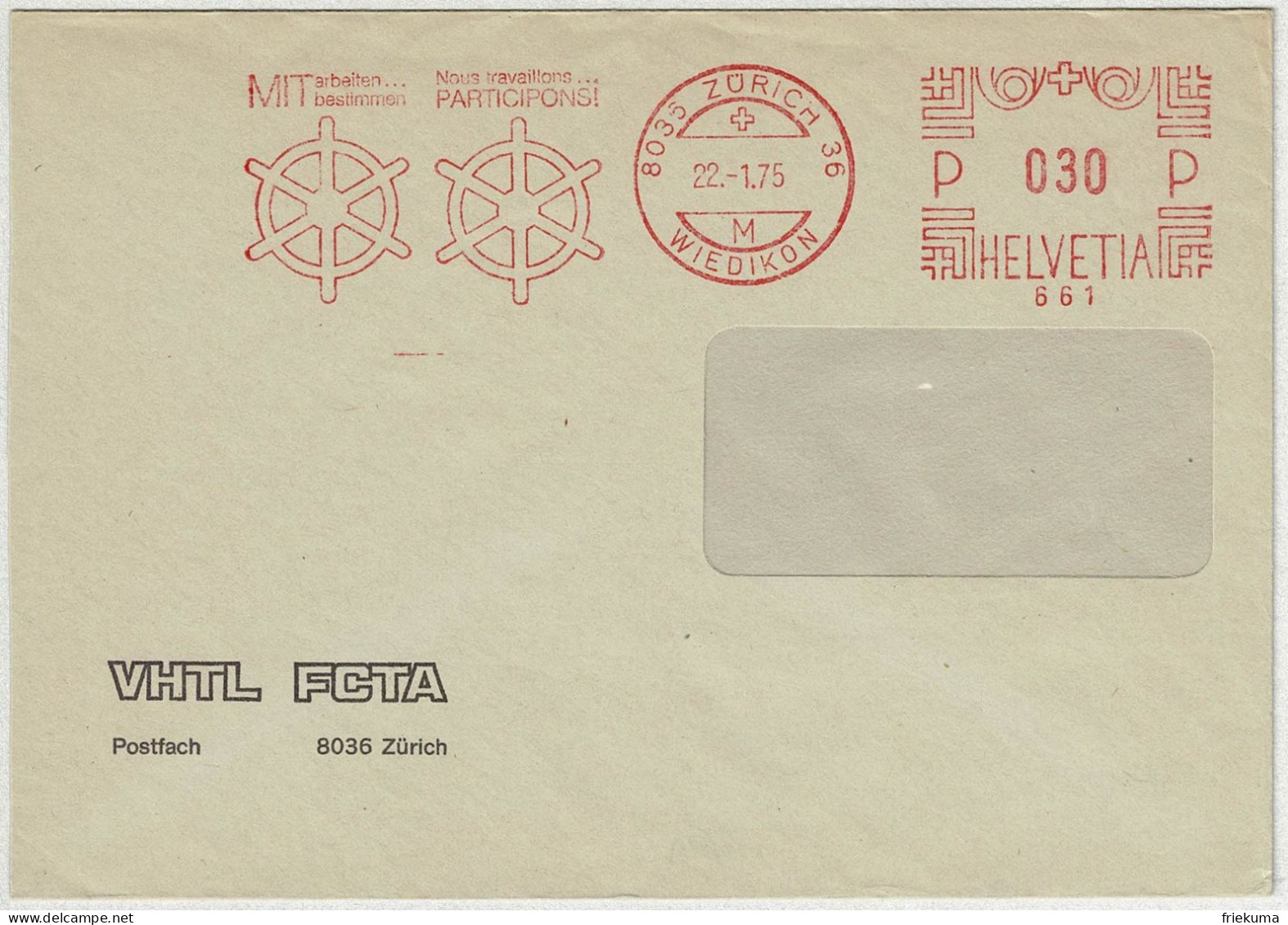 Schweiz 1975, Briefumschlag Freistempel / EMA / Meterstamp VHTL Zürich, Gewerkschaft - Affrancature Meccaniche